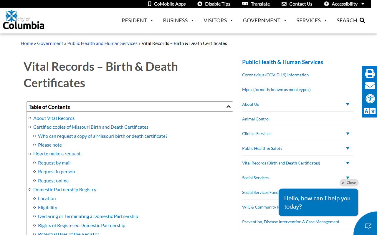 Columbia Boone County vital records office for death certificates