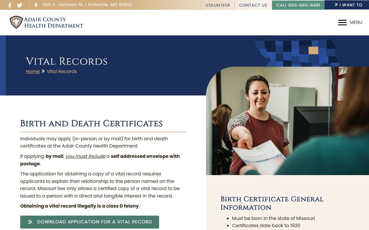 Adair County vital records page for ordering death certificates in Missouri