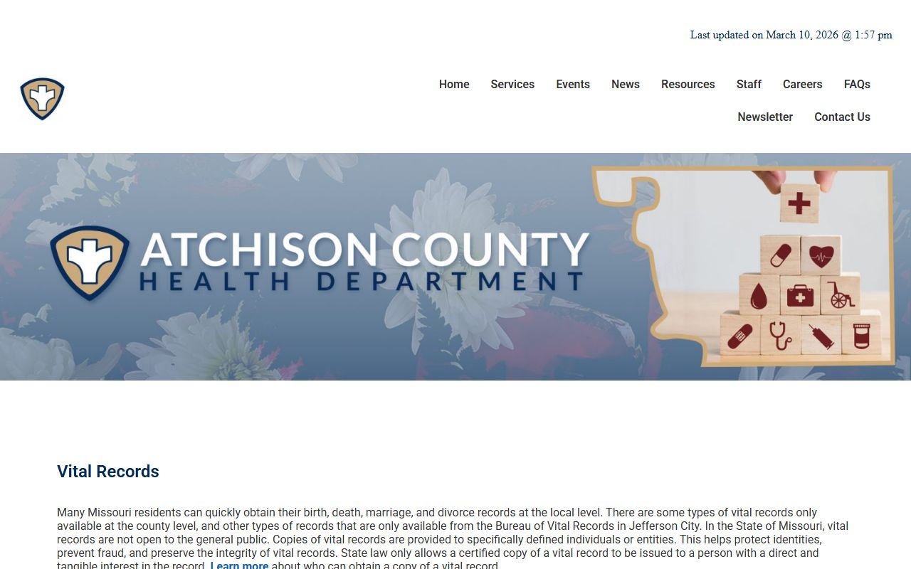 Atchison County vital records page for death certificate ordering in Missouri