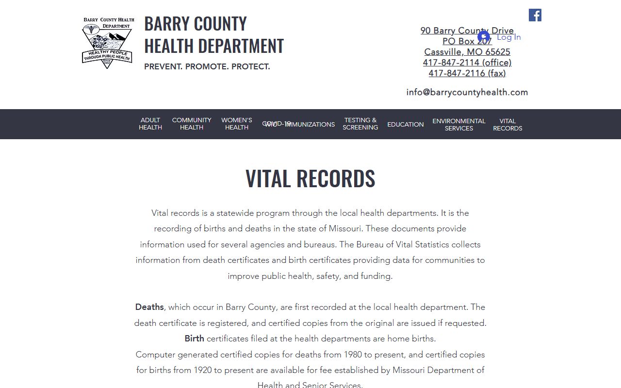 Barry County Health Department vital records page for death certificates in Cassville Missouri