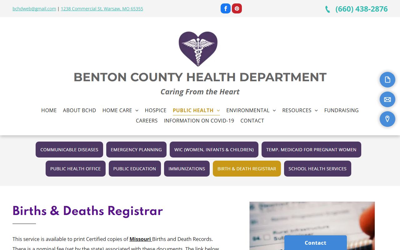 Benton County births and deaths registrar page for death records in Missouri