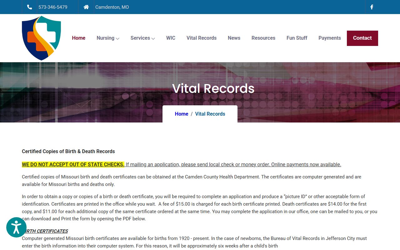Camden County vital records page for ordering death certificates