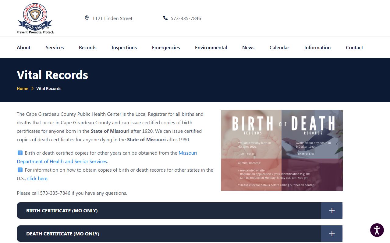 Cape Girardeau County vital records page for ordering death certificates