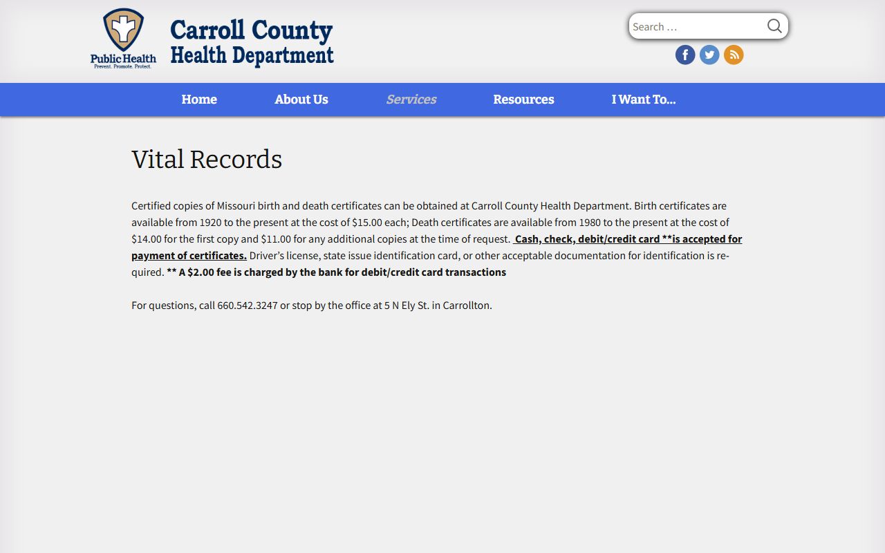 Carroll County vital records page for ordering death certificates