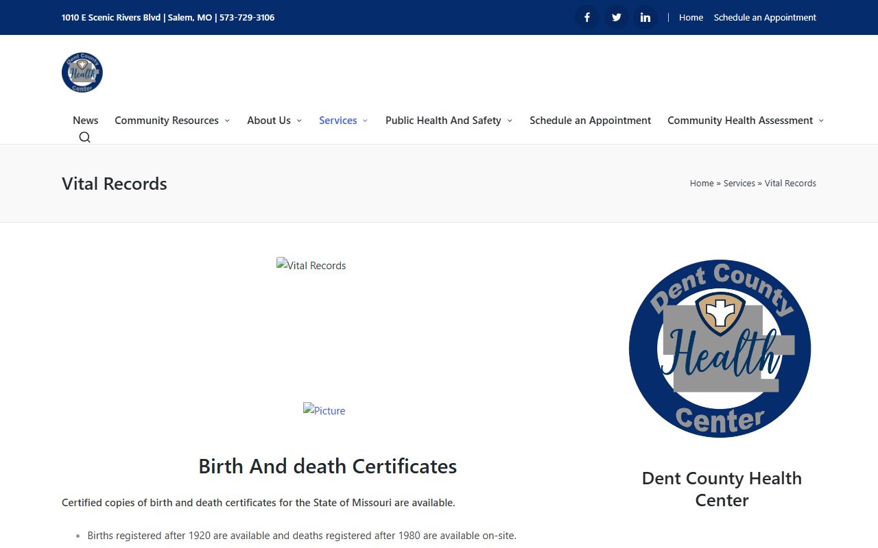 Dent County vital records page for death certificate requests