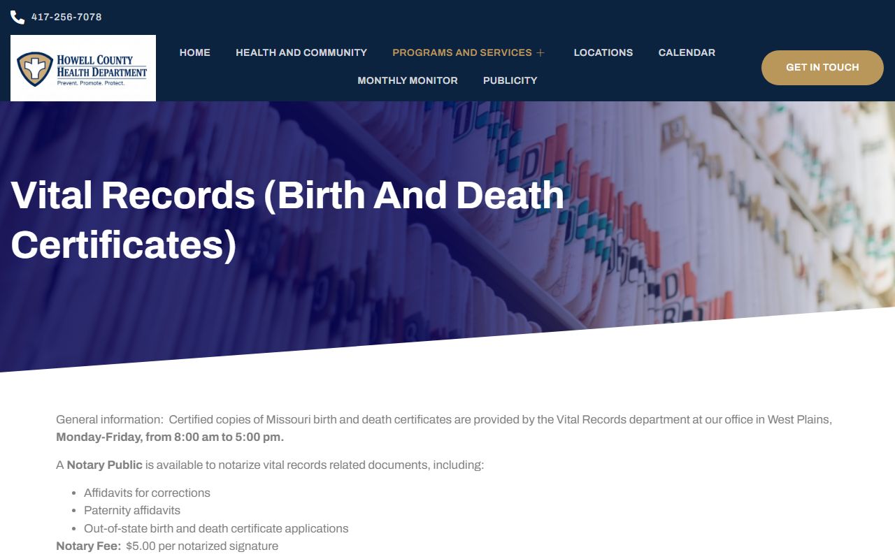 Howell County vital records page for ordering death certificates in Missouri