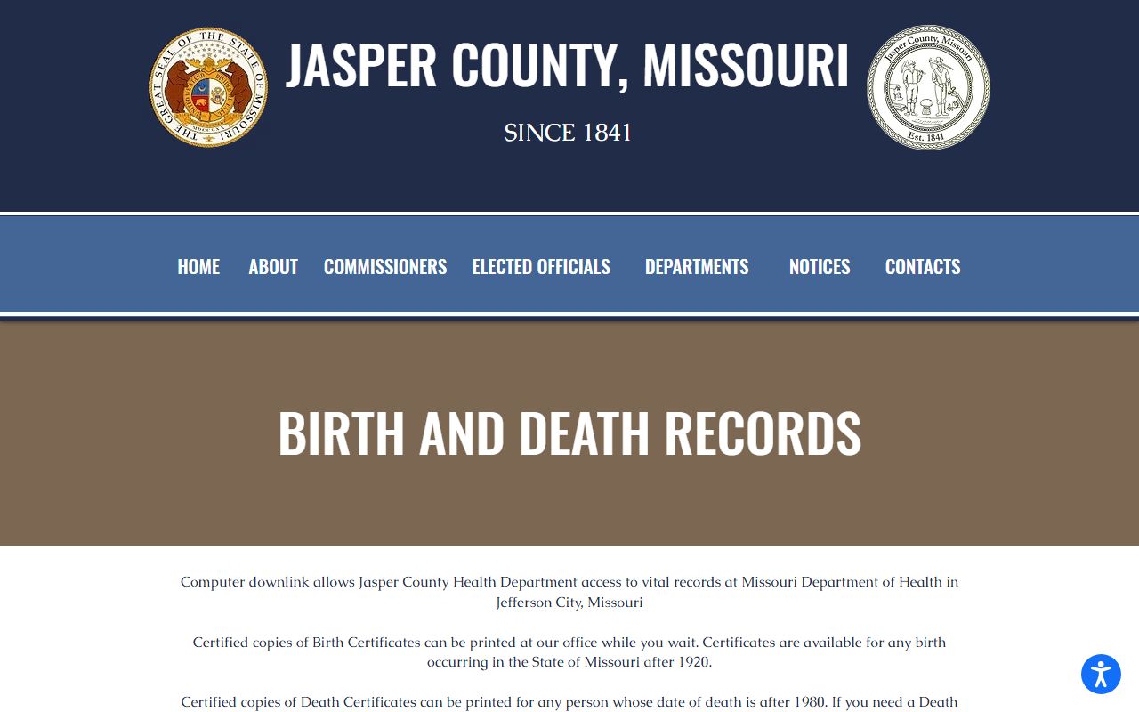 Jasper County birth and death records page for death certificates in Missouri