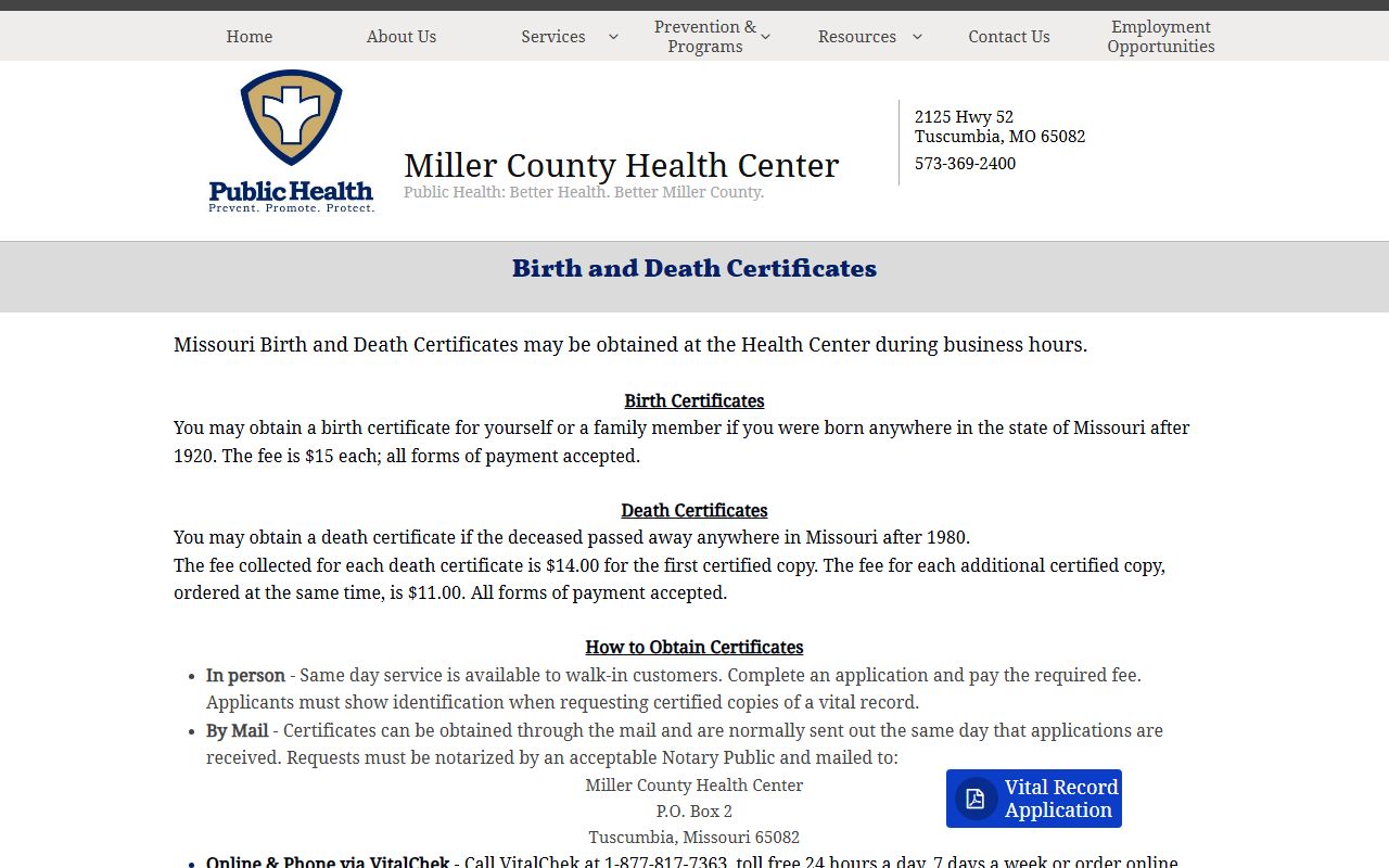 Miller County Health Department birth and death certificate information page