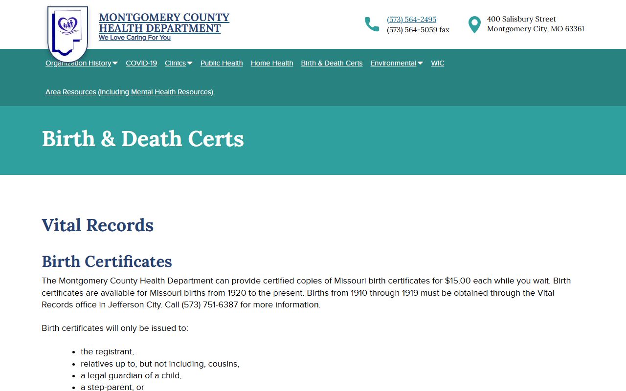 Montgomery County Health Department birth and death certificate information page