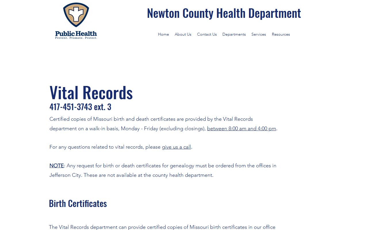 Newton County vital records page for ordering death certificates in Missouri