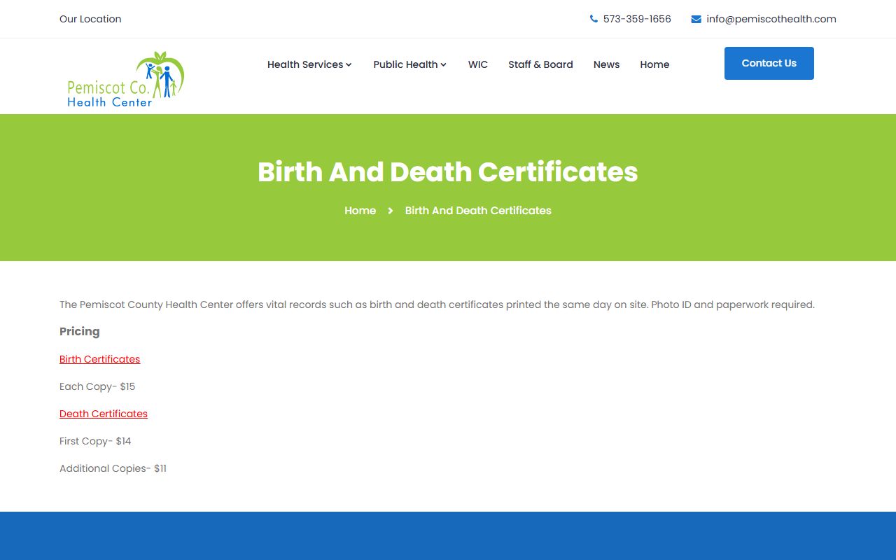 Pemiscot County vital records page for ordering death certificates in Missouri