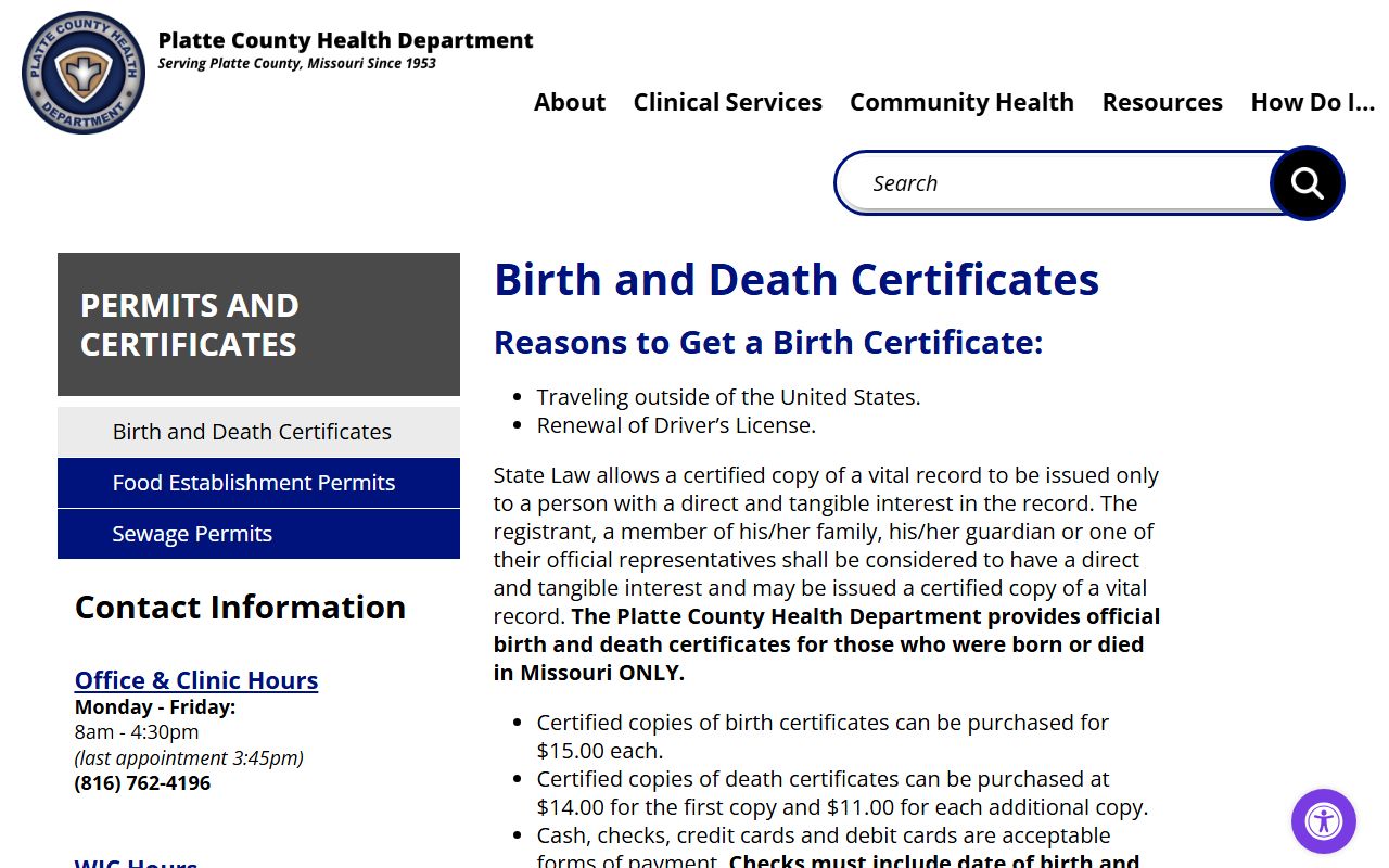 Platte County birth and death certificates page for ordering death records