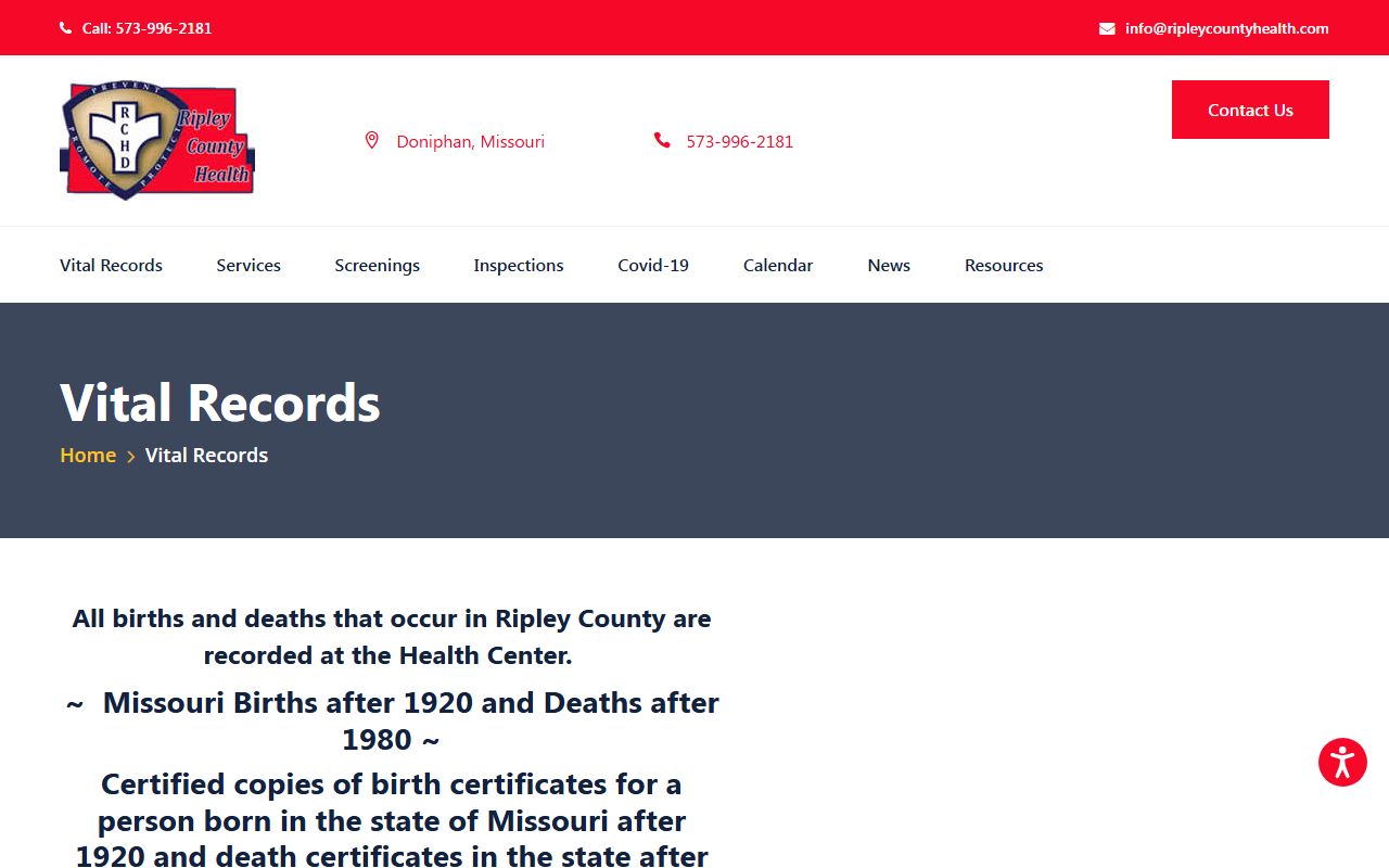 Ripley County vital records page for ordering death certificates in Missouri
