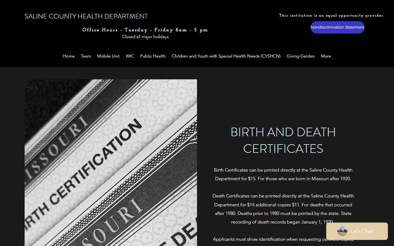 Saline County Health Department birth and death certificate services in Marshall Missouri