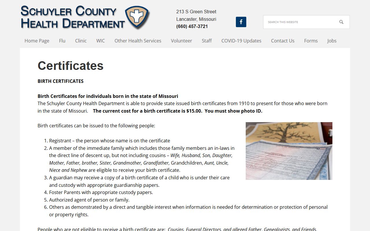 Schuyler County Health Department certificates page for death records in Lancaster Missouri