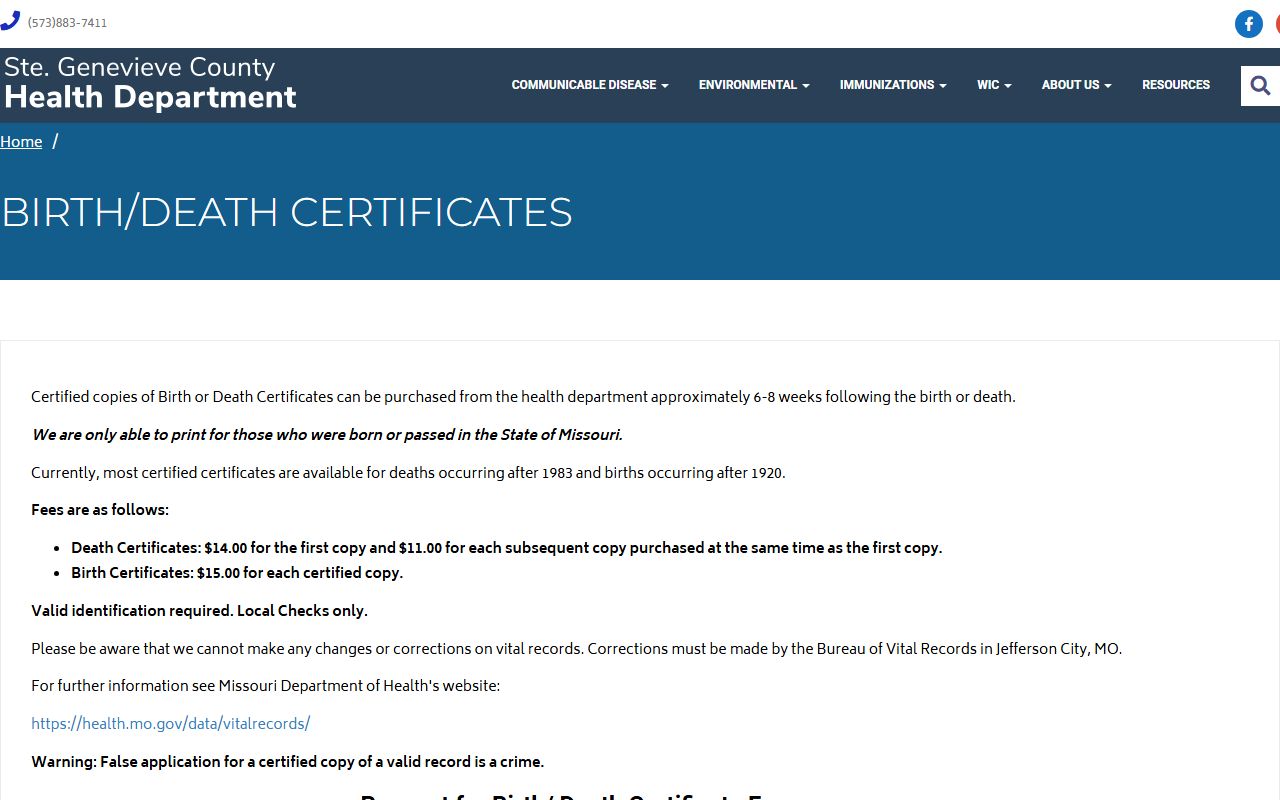 Ste. Genevieve County Health Department birth and death certificates page