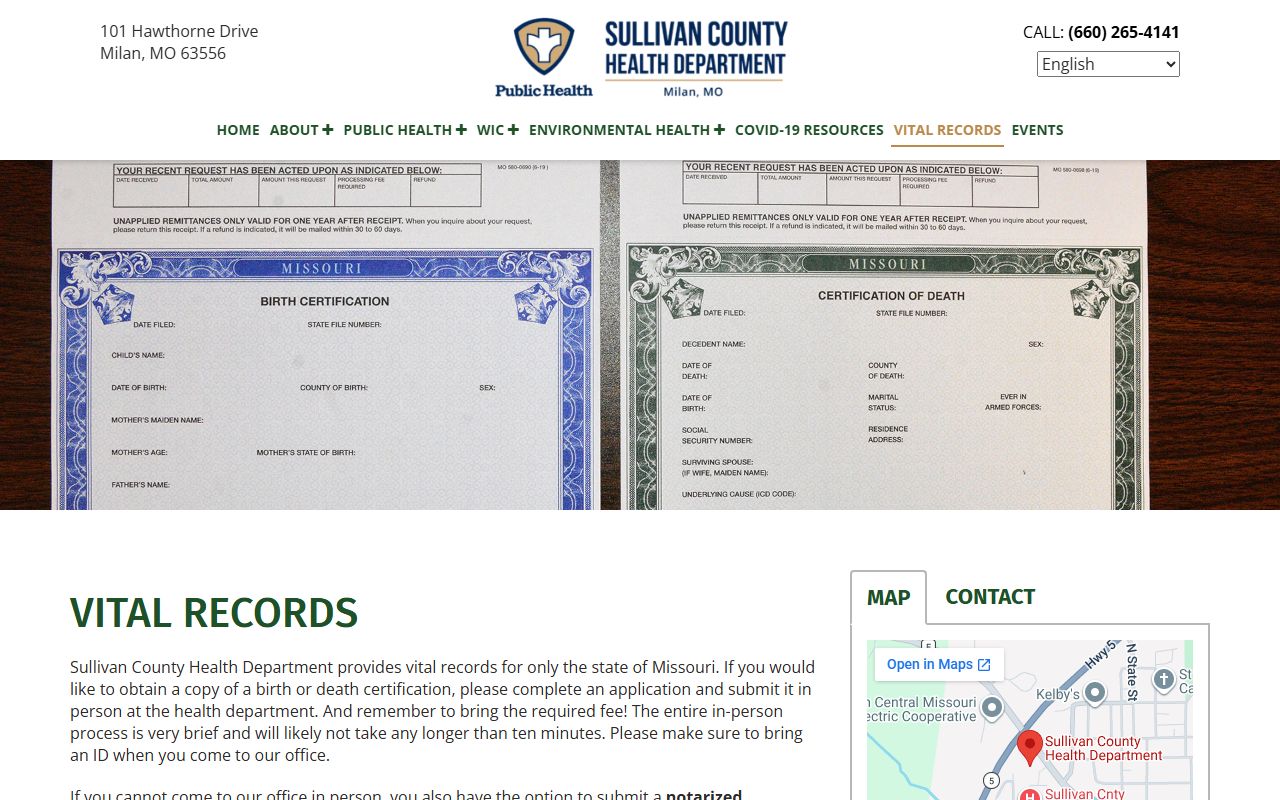 Sullivan County vital records page for ordering death certificates in Missouri
