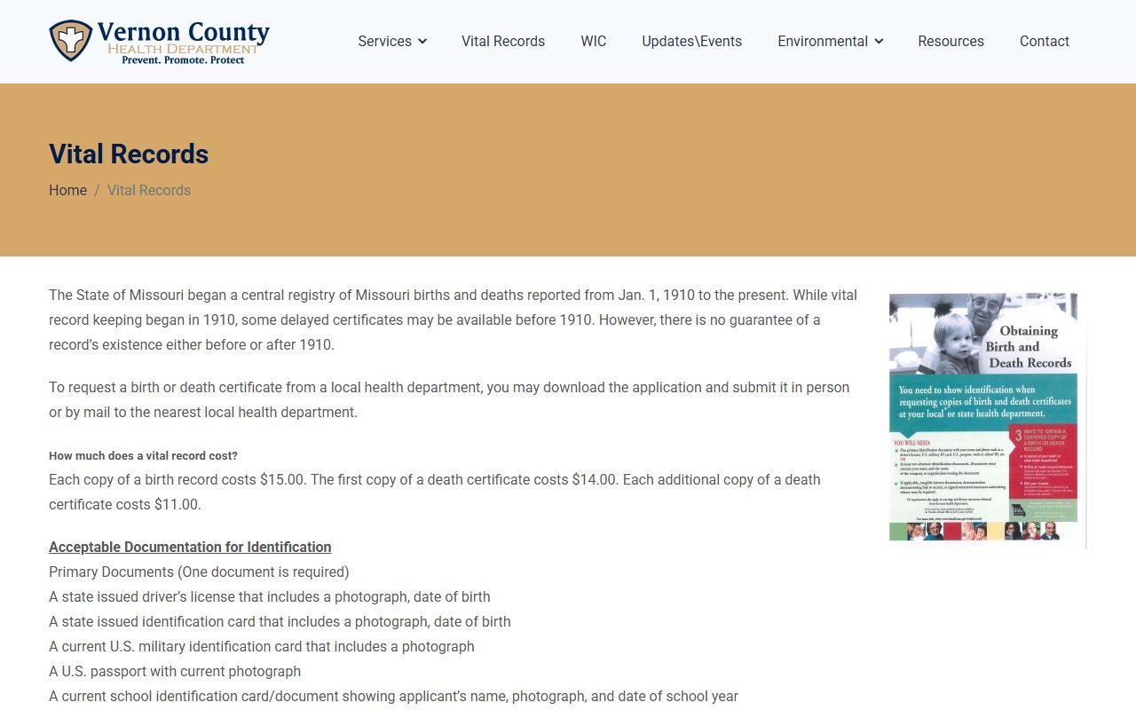 Vernon County vital records page for ordering death certificates in Missouri
