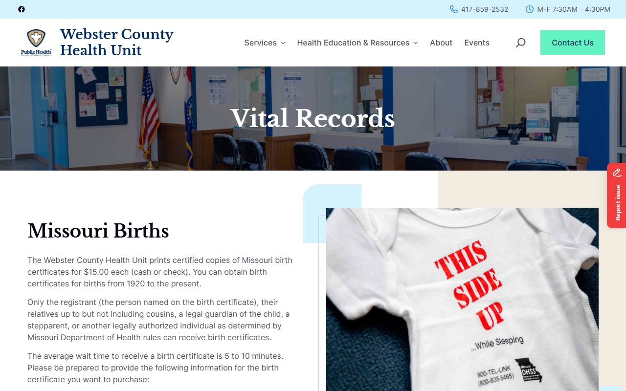 Webster County vital records page for ordering death certificates in Missouri