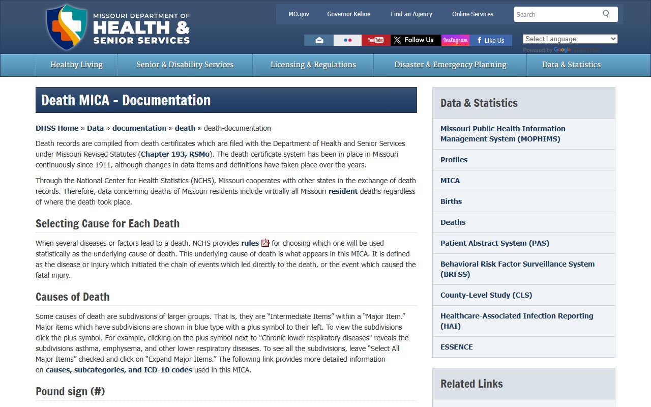 Missouri death data documentation page