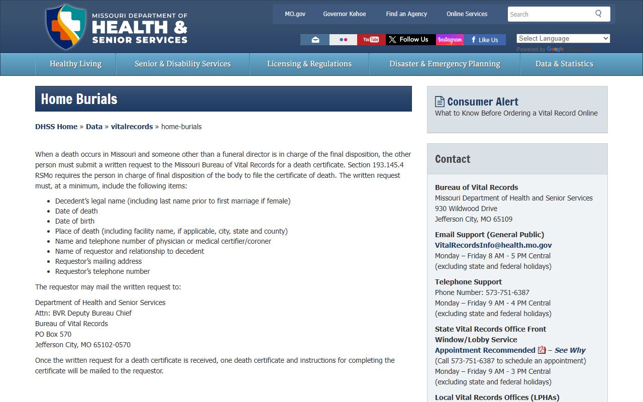 Missouri home burial information for death records