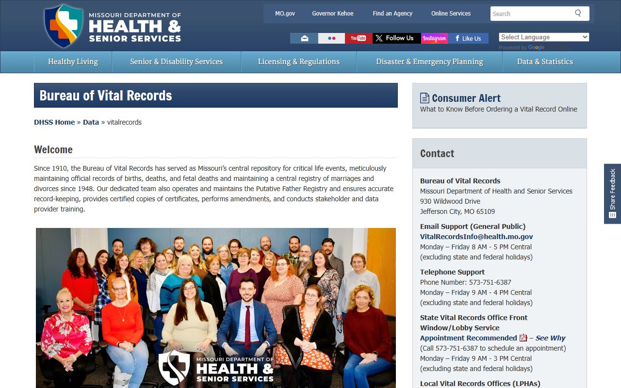 Missouri Bureau of Vital Records homepage for death records