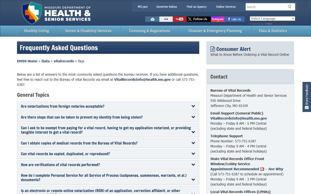 Missouri Vital Records FAQs page for death records